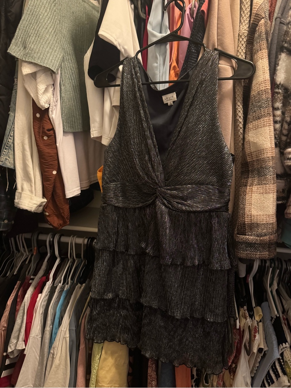 Le Lis Boutique Metallic Silver-Black V-Neck Tiered Mini Dress